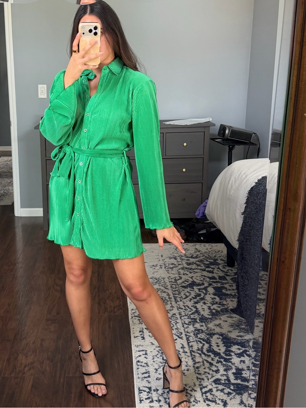 Button Down Pleated Dress w/ Tie Waist